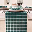 Solino Home Linen Table Runner 120 Inches Long - 100% Pure Linen Windowpane Dark Green Table Runner 14 x 120 Inch for Dining, St Patricks Day, Easter, Winter