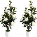2 Pack 3FT Artificial Camellia Trees, 24 Realistic Silk Flowers & Buds, Faux Blooming Potted Plants in White Planters, 36" Fake Flowering Tree for Indoor Outdoor Home Porch Wedding Decor (White, 3FT)