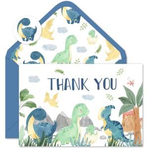 Whaline 50 Pack Dinosaur Thank You Cards Boxed Watercolor Greeting Cards with Envelopes Stickers Blank Note Card for Birthday Baby Shower Party Supplies, 4 x 6 Inch