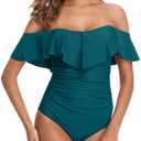 Women Strapless One Piece Swimsuits Tummy Control Ruffle Bathing Suit Retro | off the shoulder, modest full coverage, removable straps, monokini, bride swimsuit, slimming ruched, open back, pool, resort, L