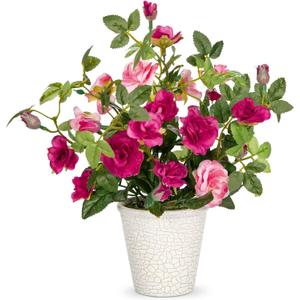 Hollyone Artificial Plants & Flowers in Vase Red Camellia Roses Small Faux Flower Plant Arrangement with Pot Fake Rose Flowers Home Decor Office Bathroom Shelf Desk Table Decoration