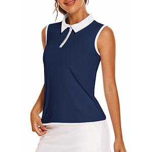 COOrun Women's Golf Polo Shirts V-Neck Sleeveless Collar Tennis Running T-Shirts Quick Dry Navy Blue L