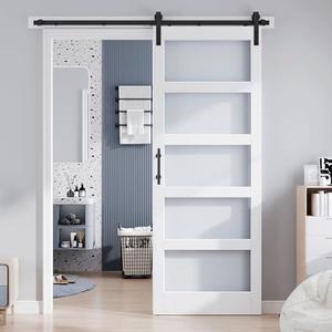 ROYMELO 36x96 Inch Glass Sliding Barn Door Slab and 6.6ft Hardware Kit Included, 5 Frosted Glass, LVL Wood Panel Covered with White Water-Proof Scratch-Proof PVC Surface, Simple DIY Assembly