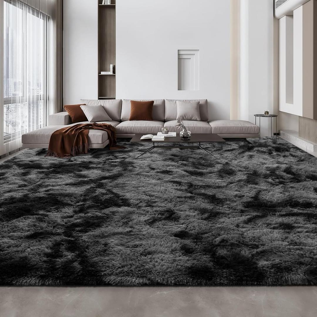 Large Shag Area Rugs 10 x 14, Tie-Dyed Plush Fuzzy Rugs for Living Room, Ultra Soft Fluffy Furry Rug for Bedroom, Anti-Skid Indoor Carpet Nursery Rugs for Kids Room Home Decor, Dark Grey