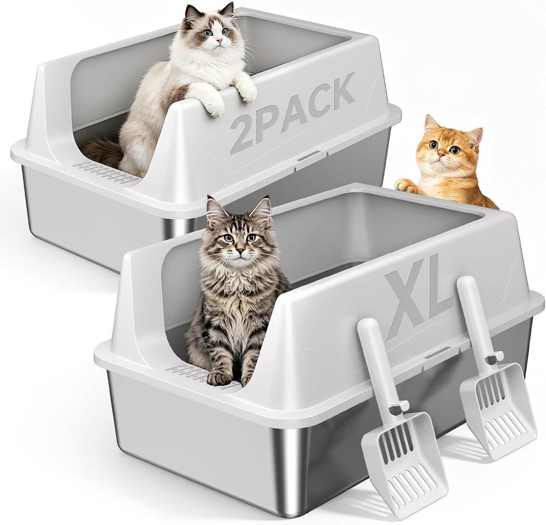 2 Pack XL Stainless Steel Litter Box with High Sides for Large Cat
Extra Large Tall Wall Open Top Deep Metal Pan, Anti-Leak Non-Stick Odor Control, 2 Scoops Included