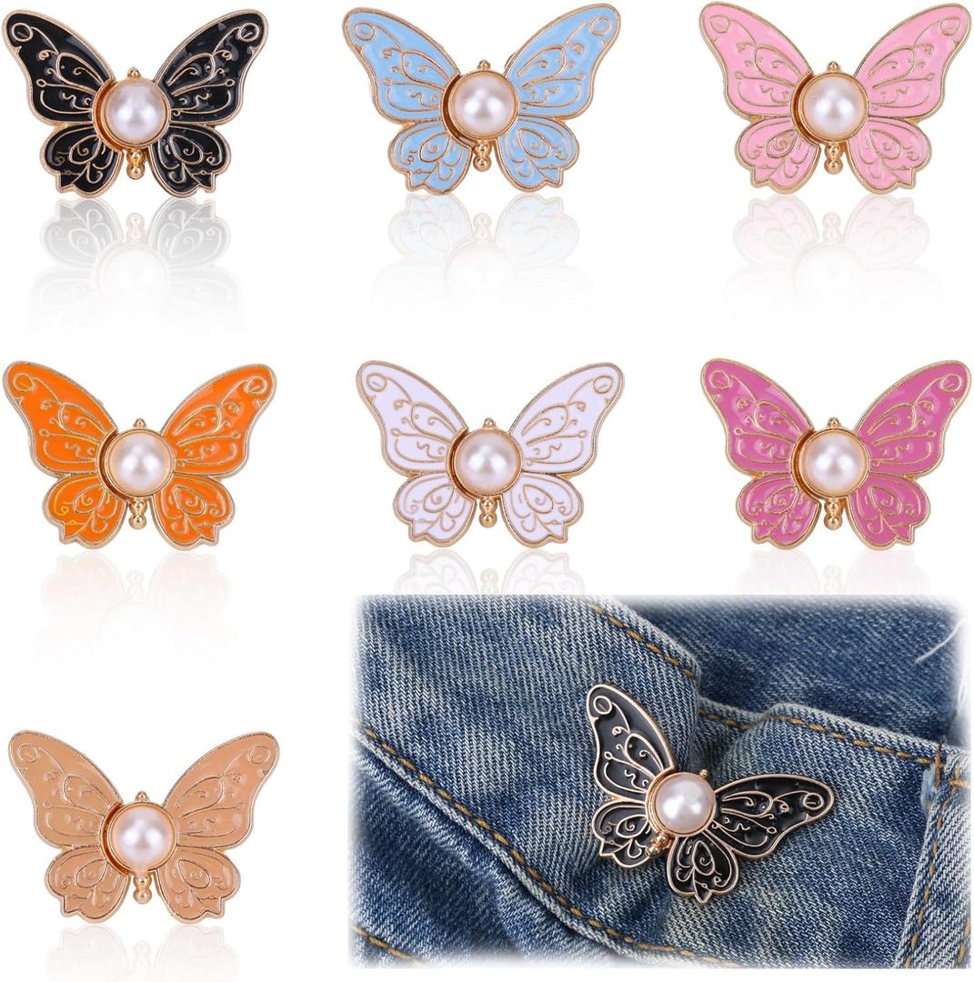 7pcs Butterfly Waist Tighteners for Women, Pants Waistband Button Pins Buckle No Sew No Tools Adjustable Clips Knots Supplies for Loose Jeans Skirts Dress