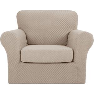 YEMYHOM Latest Checkered 2 Pieces Chair Covers for Living Room High Stretch Thickened Chair Slipcovers with Arms Anti Slip Elastic Armchair Sofa Couch Slipcover Protector (Khaki), 31"-46"(1 Cushion)