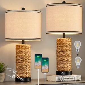 GyroVu Rattan Table Lamp Set of 2, Wicker Lamps, Dimmable Touch Seagrass Table lamp with 2 USB Ports and 1 AC Outlet for Bedroom Nightstand Table, Livingroom End Table, Bulbs Include