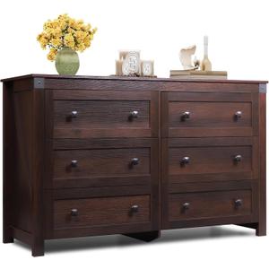 WLIVE Farmhouse 6 Drawer Dresser for Bedroom, 53.07'' Wide Wood Dresser, Storage Organizer with Double Rustic Handle, TV Stand for 60 inch TV, Chest of Drawers for Living Room, Hallway, Brown