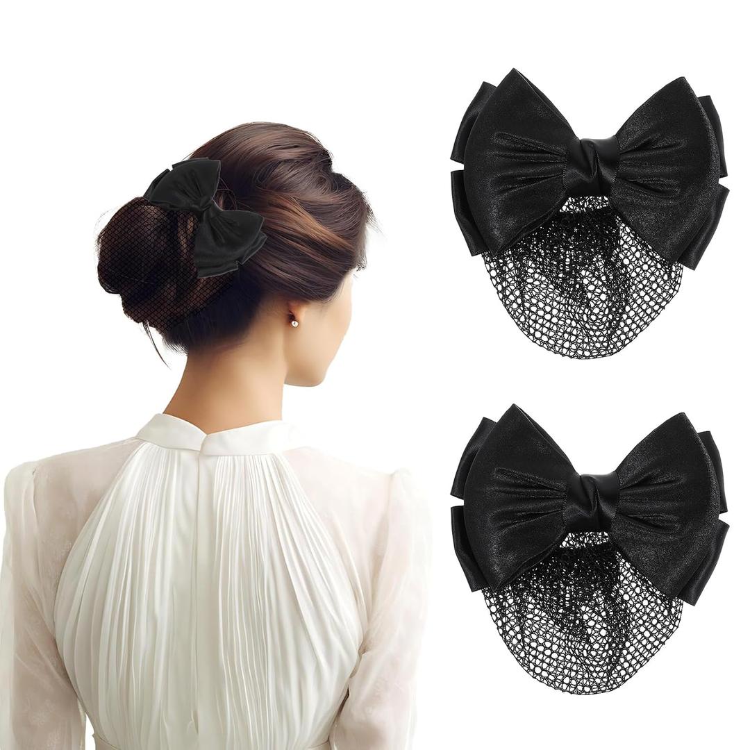 2 Pcs Hair Nets for Buns Black Bowknot Decor Snood Net Bowknot Mesh Crochet Hair Net Hair Snood Net Hair Bun Holders Snoods for Women Hair Equestrian Hair Net Bun Cover Bun Holders for Women's Hair