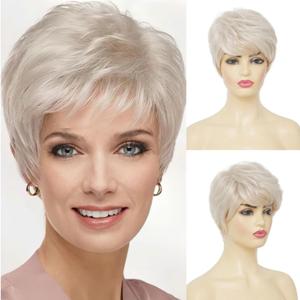 Short White Wigs for Women Pixie Cut Wig with Bangs Synthetic Hair Halloween Daily Party Wig(Silver White)