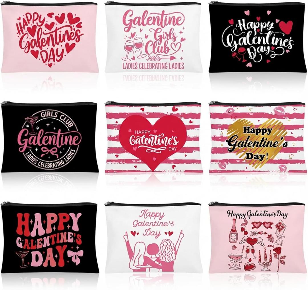 9 Pcs Happy Galentine's Day Gifts for Women 9.1 x 5.9inch Friendship Canvas Makeup Bags with Zipper Ladies Celebrating Ladies Friendship Galentine's Day Gifts for BFF Bestie Bachelorette