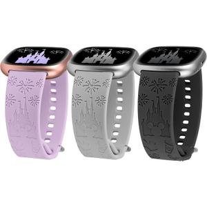 3 Pack Cartoon Engraved Band Compatible with Fitbit Versa 4 Bands/Fitbit Versa 3 Bands/Sense/Sense 2 Band Women, Cute Soft Silicone Replacement Bracelet Sport Designer Fancy Strap (Black/Grey/Lavender)