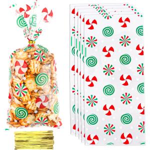 Christmas Treat Bags, Christmas Cellophane Candy Bags, 50Pcs Clear Cello Plastic Cellophane Gift Bag Snack Cookie Goodie Bag with Twist Ties for Xmas Winter Holiday Party Favors Supplies, 5 x11 Inch