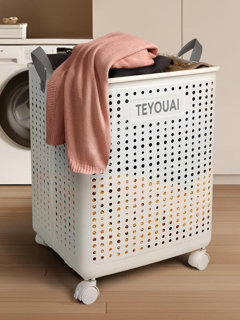 67L Rolling Plastic Collapsible Laundry Basket Cube Storage Bin Box Organizer with Wheels Handle Durable Ventilated Foldable Hamper for Bedroom Dirty Clothes Large Capacity