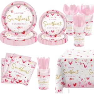 MEHOFOND Valentine's Day Baby Shower Decorations, A Little Sweetheart is On The Way Party Supplies Pink Heart Disposable Tableware Set 169Pcs Plates Napkins Plastic Tablecloth for Baby Shower Party