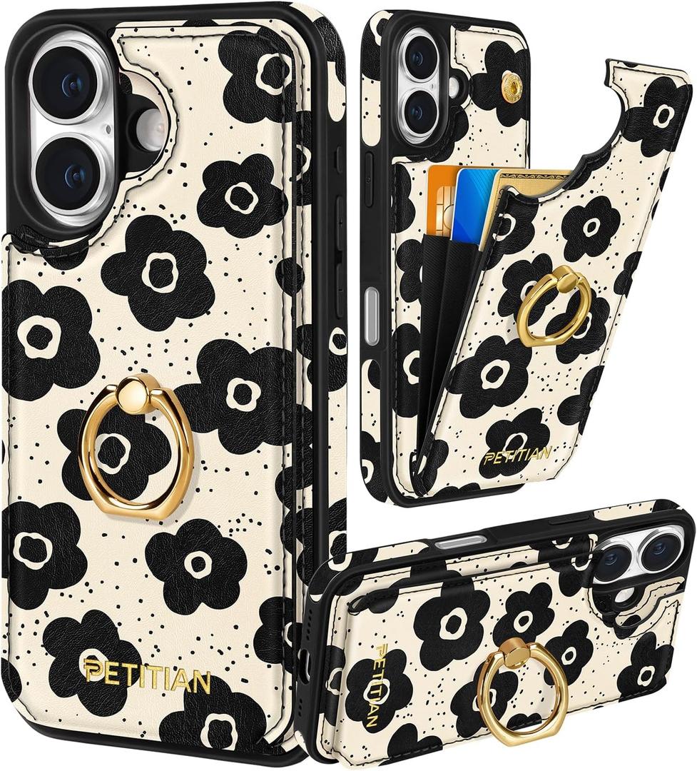 Petitian for iPhone 17 Case with Wallet - Women Girls Cute Girly Aesthetic Unique Design Leather Credit Card Holder Cardholder 360 Rotatable Ring Stand for iPhone 17, Black Flower