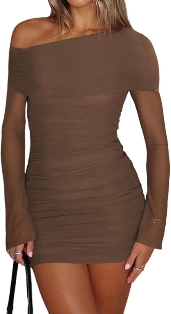 Women Elegant One Shoulder Sheer Mesh Long Sleeve Ruched Mini Dress See Through Club Party Cocktail Bodycon Mini Dresses Coffee XL