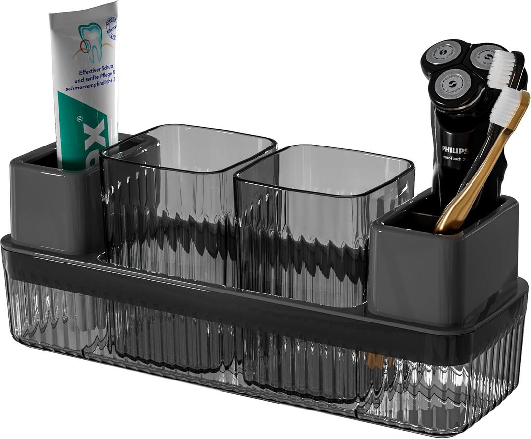 Toothbrush Holder for Bathrooms, 2 Cups Toothbrush Organizer for Bathroom Countertop, Toothbrush Holder Toothbrush Storage for Shower, Tooth Brushing Holder Cup Tray and Toothpaste Caddy Black