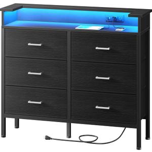 BOLUO Black Dresser with LED Light and Charging Station for Bedroom 6 Drawer Dresser with USB Outlet, Fabric Dressers & Chests of Drawers Modern