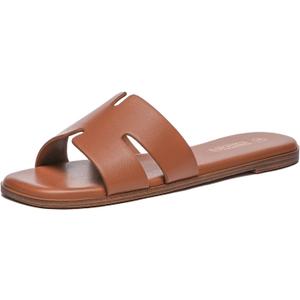 Rihero Women's Dressy Flat Sandals Comfortable Slip On Leather Slide Sandals (8, Brown)
