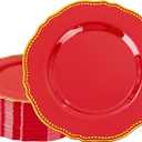 Hioasis 60pcs Red Plastic Plates - Red and Gold Disposable Dinnerware with Gold Rim, Heavy-duty, 10.25 inch, Dinner Plates for Party & Wedding