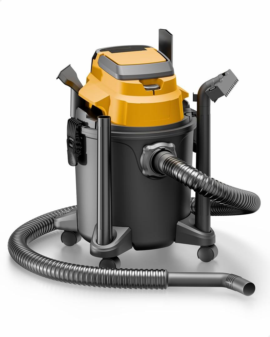 Cordless Shop Vacuum Wet/Dry, for DeWalt 20V Max Battery, 5.2-Gallon Battery Powered Vacuum Cleaner, Mustard, with Hose Nozzles HEPA Filters Wheels (Bare Tool ONLY)