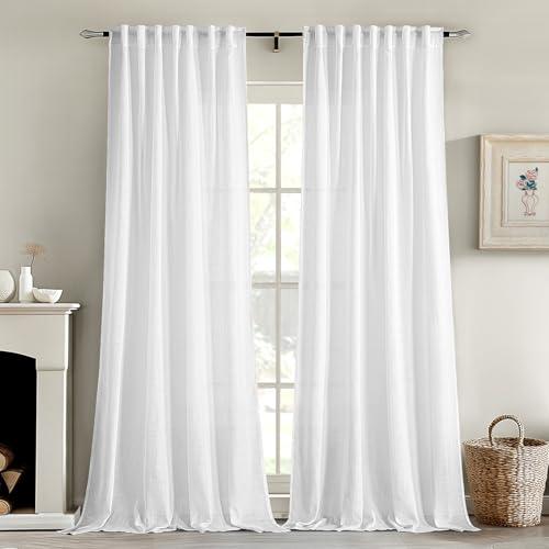 MIULEE White Linen Curtains 84 Inch Length 2 Panels for Bedroom Living Room, Soft Thick Linen Textured Back Tab Window Drapes Semi Sheer Light Filtering Rod Pocket Modern Farmhouse Decor