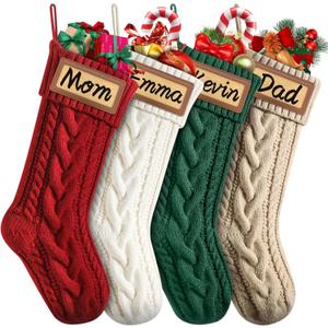 Dalzom 4Pcs Personalized Christmas Stockings with Leather Patches Custom Name, 18 Premium Large Knitted Christmas Stockings for Kids, Family, Holiday and Fireplace Party Decoration