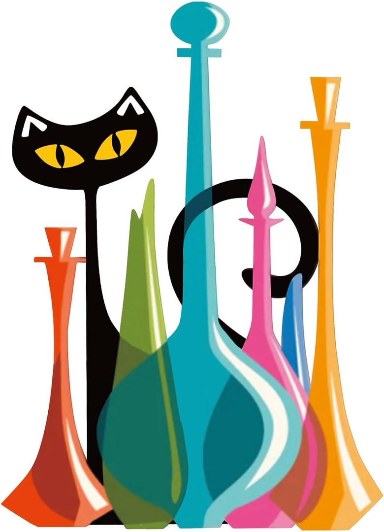 BrightRow Cat Metal Wall Art Decor Retro Mid Century Modern Atomic Cat Colorful Glass Decanters Wall Hanging Decor for Home Bedroom Living Room Bathroom Kitchen Office Garden(Cute)