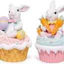 Hodao Easter Bunny Cupcake Figurines with Carrots and Eggs  Cute Spring Tabletop Decor for Easter Celebration, Decorations for Table Tiered Tray,Home, Office, Gifts (Set of 2 White)
