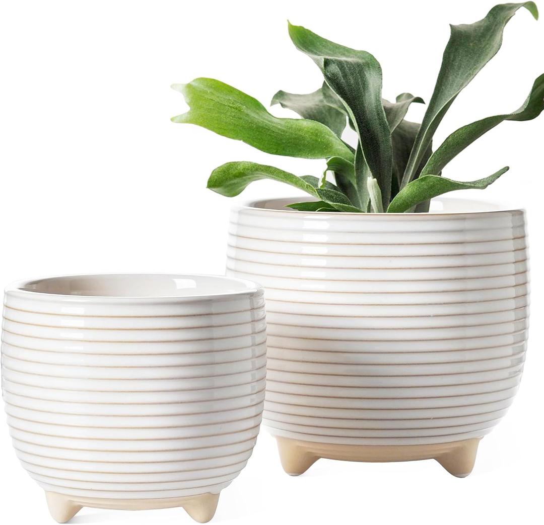 LE TAUCI Ceramic Plant Pots, 5.1 + 6.4 Inch Footed Pots for Plants, Modern Flower Pots for Home and Office, Indoor Planters with Drainage, Reactive Glaze White LE TAUCI Ceramic Plant Pots, 5.1 + 6.4 Inch Footed Pots for Plants, Modern Flower Pots for Home and Office, Indoor Planters with Drainage, Reactive Glaze White