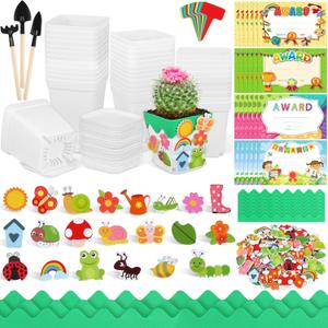 Elcoho 36 Set Garden Plastic Pot Craft Kit Plant Spring Craft Kits for Kids Flower Pots with 150 Foam Stickers 36 Labels 24 Certificate of Awards 3 Tools Planting Growing Kit for Kids, White (Mixed Colors)
