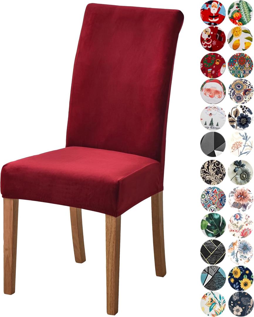 Velvet Chair Covers for Dining Chair Set of 6, Stretchy Soft Parson Chair Covers Removable Washable Kitchen Dining Room Chair Slipcovers with Elastic for Universal Fit (Burgundy)