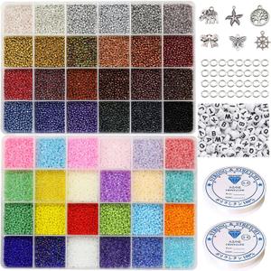 31200pcs Glass Seed Beads 48 Colors 2mm 12/0 Bracelet Beads for Jewelry Making Kit with Letter Alphabet Beads, 2 Rolls Elastic String Cord, Charms and Jump Rings for Jewelry Making48 Colors