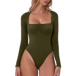 QINSEN Women's Sexy Square Neck Bodysuit Long Sleeve Double Lined Shirt Tops (Large, Dark Olive)