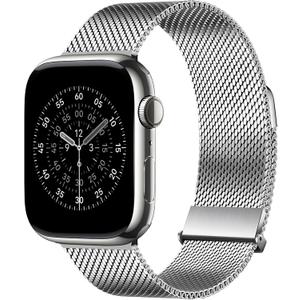 Bestsure Milanese Loop Watch Band Compatible with Apple Watch 42/44/45/46/49mm, Metal Stainless Steel Mesh, Dual Magnetic Clasp, for Series 9/8/7/6/5/4/SE/3/2/1, Ultra, Men & Women, Silver