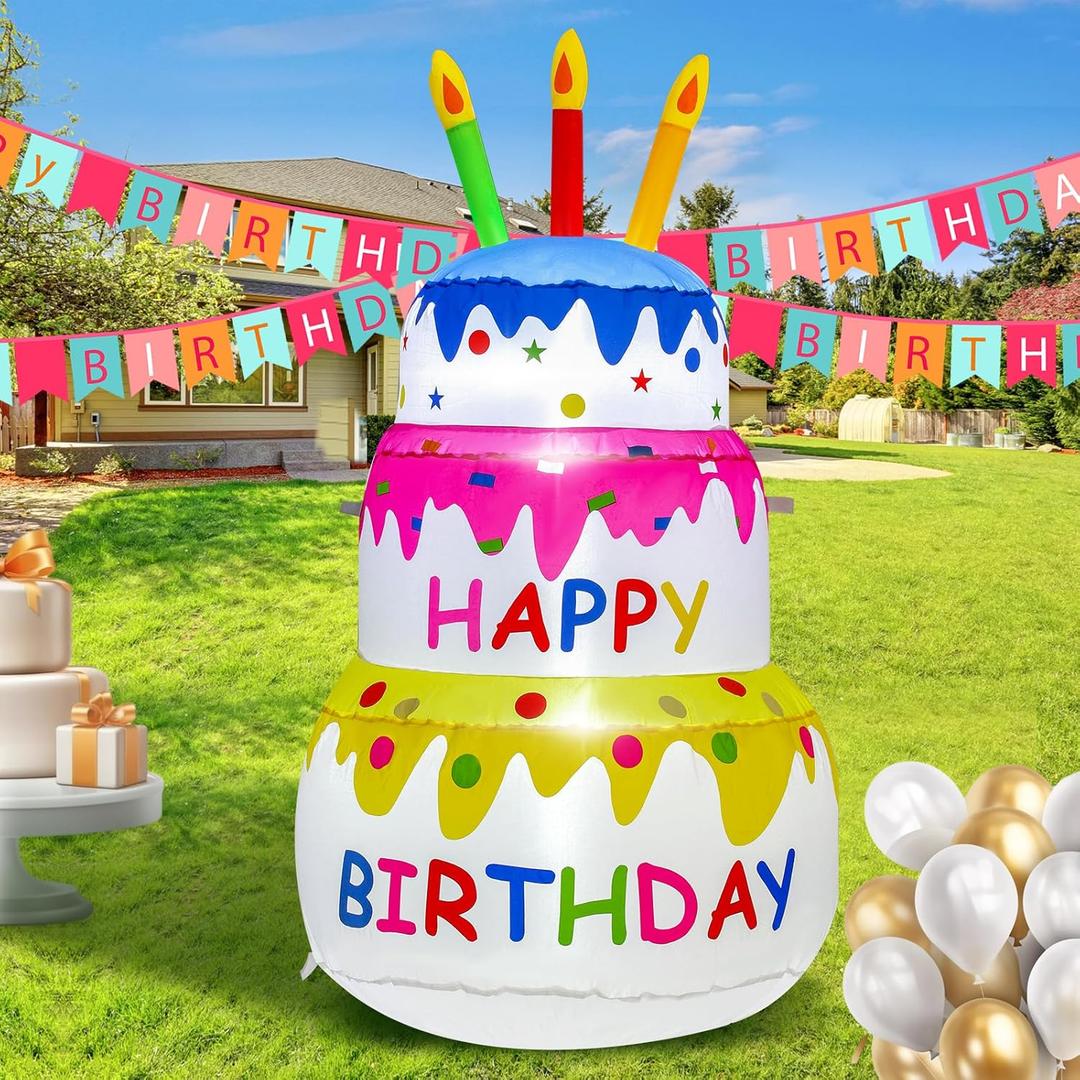 4FT Inflatable Happy Birthday Cake Decorations, Birthday Cake Blow up Outdoor Yard Decorations for Halloween Birthday Party Indoor Home Celebration Garden Lawn