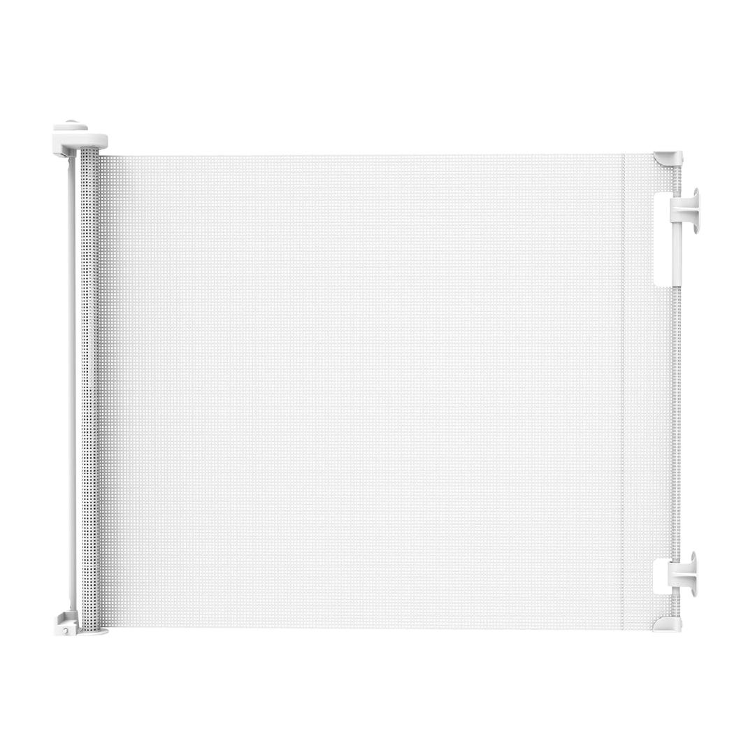 Retractable Baby Gate Perma Child Safety 33" Tall x 71 Wide, Mesh, for Stairs, Doorways, Dogs, Pets, Indoor, Outdoor, One-Handed Operation, Locking, Easy Install, Hardware Mount, White