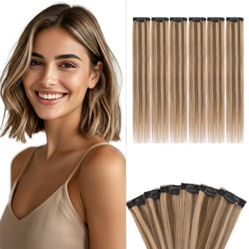 Benehair 6 PCS Clip in Short Hair Extensions Real Human Hair Seamless & Invisible for Women Instant Volume Highlight Length for Daily Use 10" Medium Brown&Dark Blonde