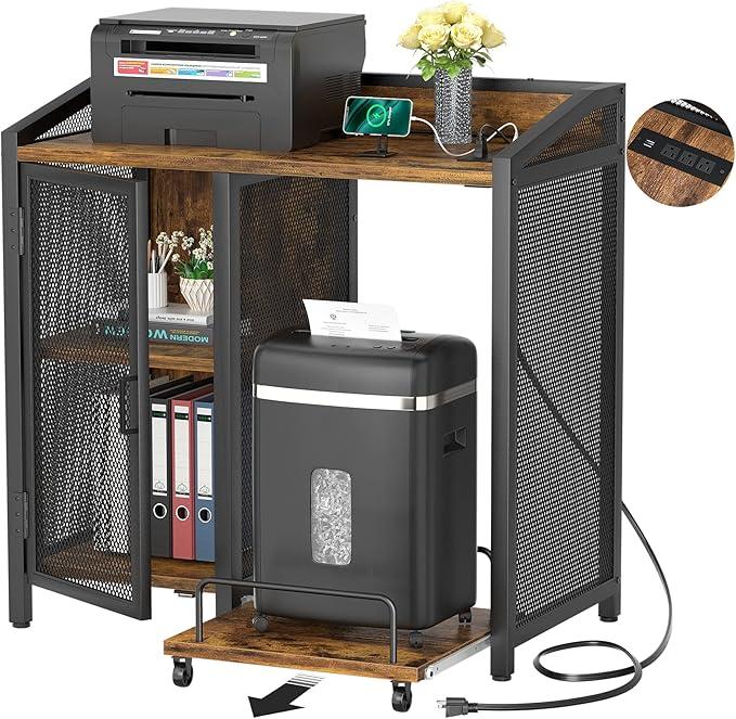 3-Tier Lateral Office Filing Cabinets with Socket and USB Charging Port, Modern Printer Stand and Paper Shredder Stand Rack with Wheels and Open Storage Shelves for Home Office, Rustic Brown