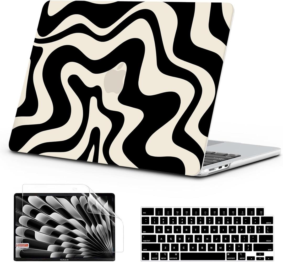 B BELK Compatible with MacBook Air 15 inch Case 2026 2025 2024 2023 M4 M3 M2 A3241 A3114 A2941, Wavy Pattern Sturdy Protective Plastic Hard Shell Case+Keyboard Cover+Screen Protector, Black Wave