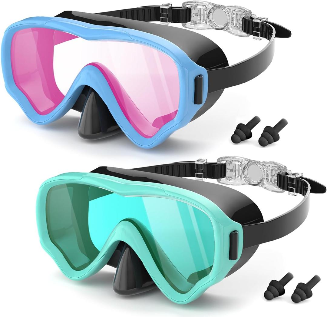 COOLOO 2 Packs Kids Goggles with Nose Cover, 180 Wide View Swimming Goggles for Kids 4-16, No More Hair Snags Anti-Fog No-Leak Snorkel Mask for Boys Girls Youth, B/Blue&Black+Green&Black/Mirrored lens