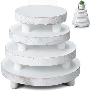 Geetery 4 Pcs Wooden Risers for Display Wood Pedestal Stand Mini Tray Stand Round Wooden Pedestal Holder Rustic Riser for Decor Tiered Tray Decor Home Kitchen, 4 Size(White)