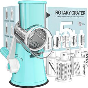 Cambom Rotary Cheese Grater Hand Crank Cheese Shredder for Fresh Cheese, Vegetable, Nuts,Non-slip Suction Base, Five Blades, Blue