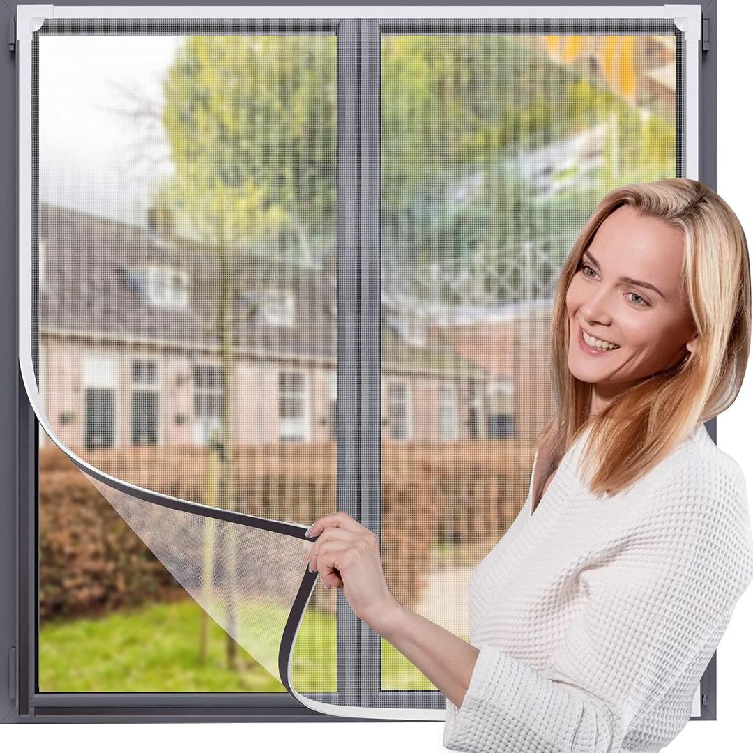 Adjustable Magnetic Window Screen Replacement - Customizable 48"x 44" DIY Fiberglass White Mesh with White Frame, Perfect Fit for House Windows, Durable Insect Screens for Fresh Air Ventilation