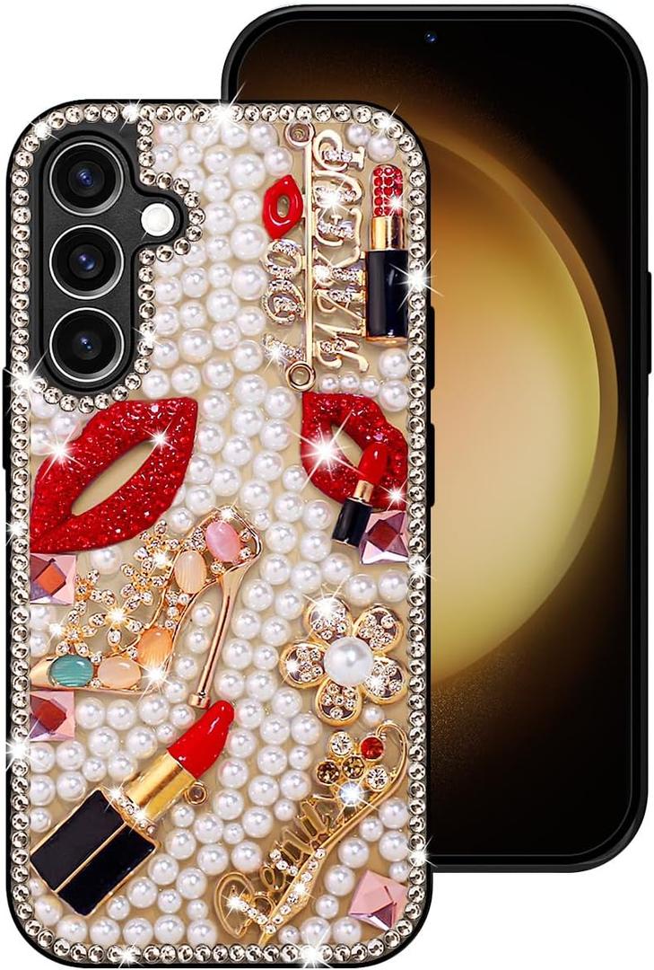 Erolagomat Bling Case for Samsung Galaxy S25,Shiny Luxury Designer Phone Case with Glitter Sparkle Diamond Crystal Rhinestone Lips Lipstick Pearl Flowers High HeelsSoft Bumper Cover for Women Girl