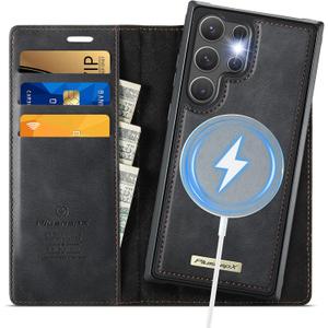 PlusnapX Wallet Case for Samsung Galaxy S25 Ultra Compatible with Magsafe, 2-in-1 PU Leather Flip RFID Blocking Card Holder Stand Shockproof Magnetic Detachable Cover for Galaxy S25 Ultra Case, Black