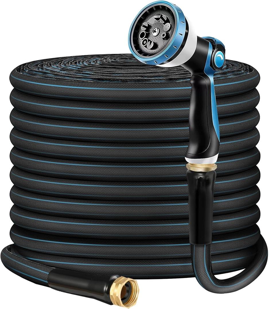 Non-Expanding Garden Hose 100ft Flexible, Burst-Resistant, Anti-Kink, 10-Function Spray Nozzle, Lightweight & Durable for Outdoor Use(Blue or Green)