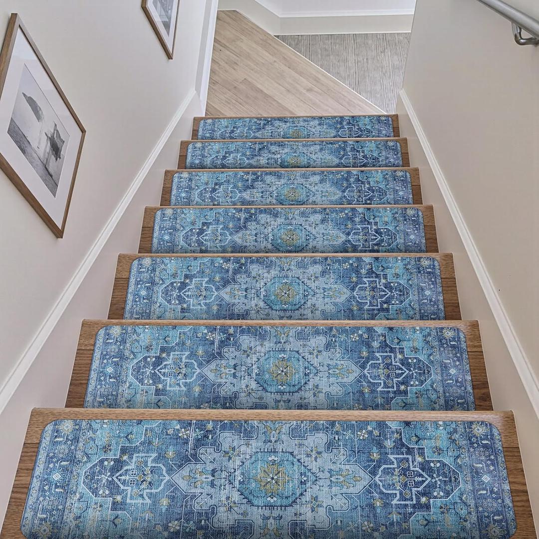 OJIA Stair Treads Non-Slip 15PCS, 8"x30" Stair Runner for Wooden Steps Indoor, Rubber Backing Carpet Stair Treads for Wood Stairs Mats Staircase Step Treads Covers for Kids, Elders, Pets (Teal)